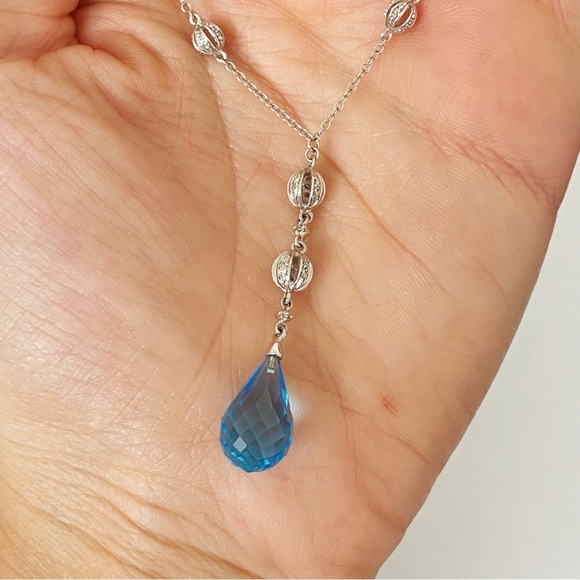 14k white gold diamond & blue topaz briolette lavalier necklace 18” - Picture 10 of 10